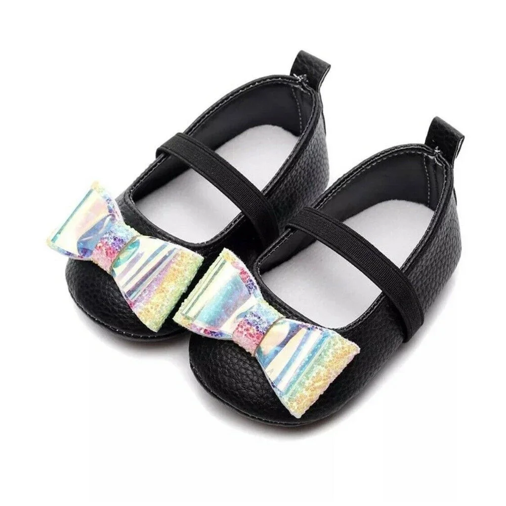 Los Angeles Boutique Black Vegan Leather Rainbow Glitter Girls Flat Shoes 6-12 M